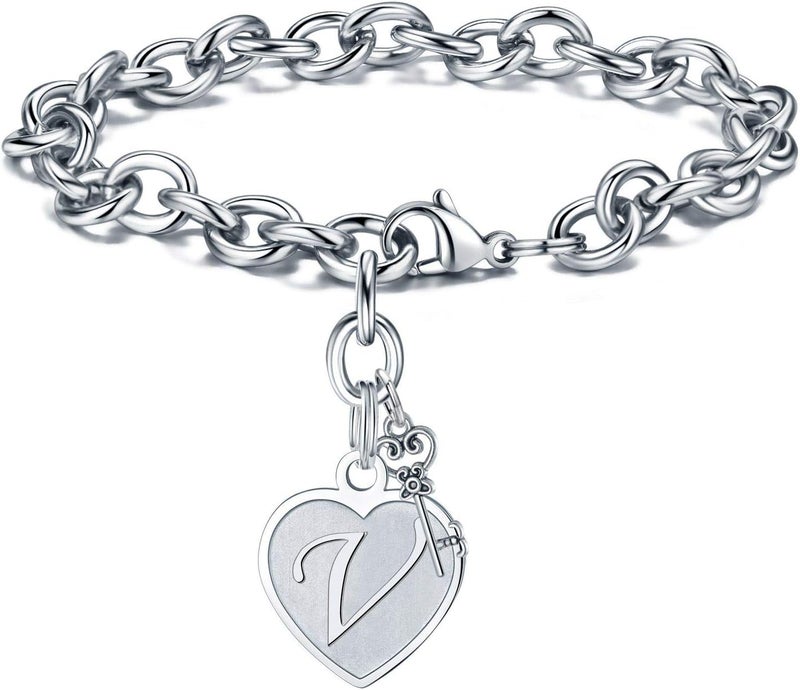 M MOOHAM Heart Initial Bracelets for Women Gifts - Engraved 26 Letters Initial Charms Bracelet Stainless Steel Bracelet Birthday Christmas Jewelry Gift for Women Teen Girls - Image 1